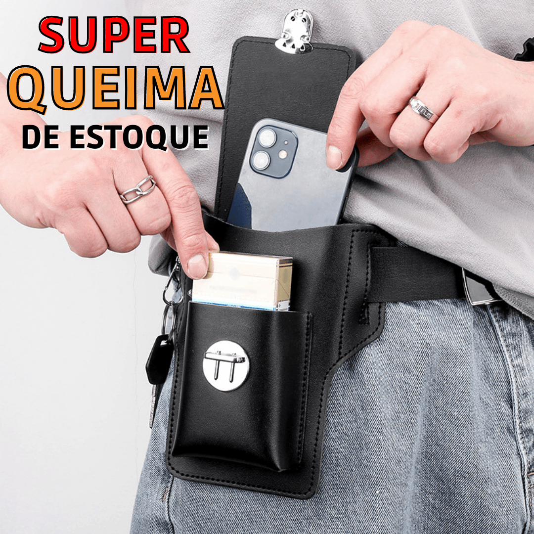 Porta Celular de Couro ALFA™ - Com Trava de Segurança, Bolso e Chaveiro