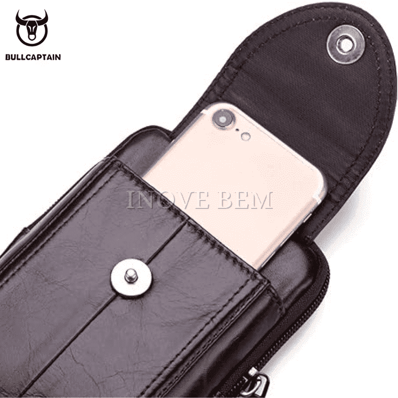 Porta Celular de Couro BULLCAPTAIN™ - Com Botão de Segurança, Bolsos e Zíper